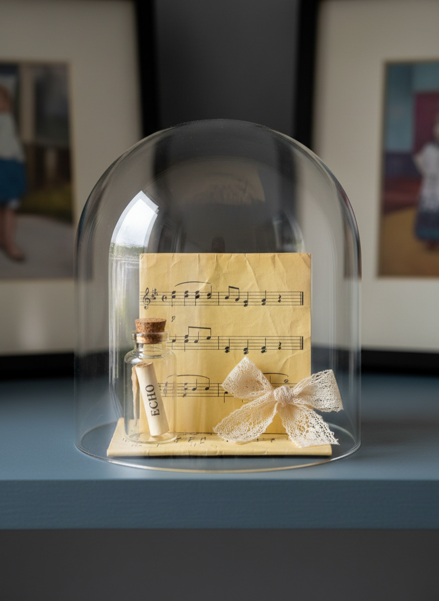 Inside a glass cloche on a narrow shelf, a small arrangement of personal relics forms a still-life altar to memory: a folded sheet of aged music paper, a tiny glass bottle containing a handwritten word on curled parchment, and a fragment of lace ribbon tied in a loose bow. The cloche’s smooth surface reflects soft overcast daylight from a nearby window, creating subtle, rounded highlights and gentle distortions of the objects within. The shelf is painted in a matte, smoky blue that sets off the warm, creamy tones of paper and lace. Photographed in realistic detail at eye level with balanced focus, the image captures fine textures—the frayed lace edges, the wrinkled staff lines of the music—while the background recedes into a tasteful blur of indistinct frames. The mood is sophisticated, quiet, and slightly mysterious, as if each object is a poem waiting to be listened to.