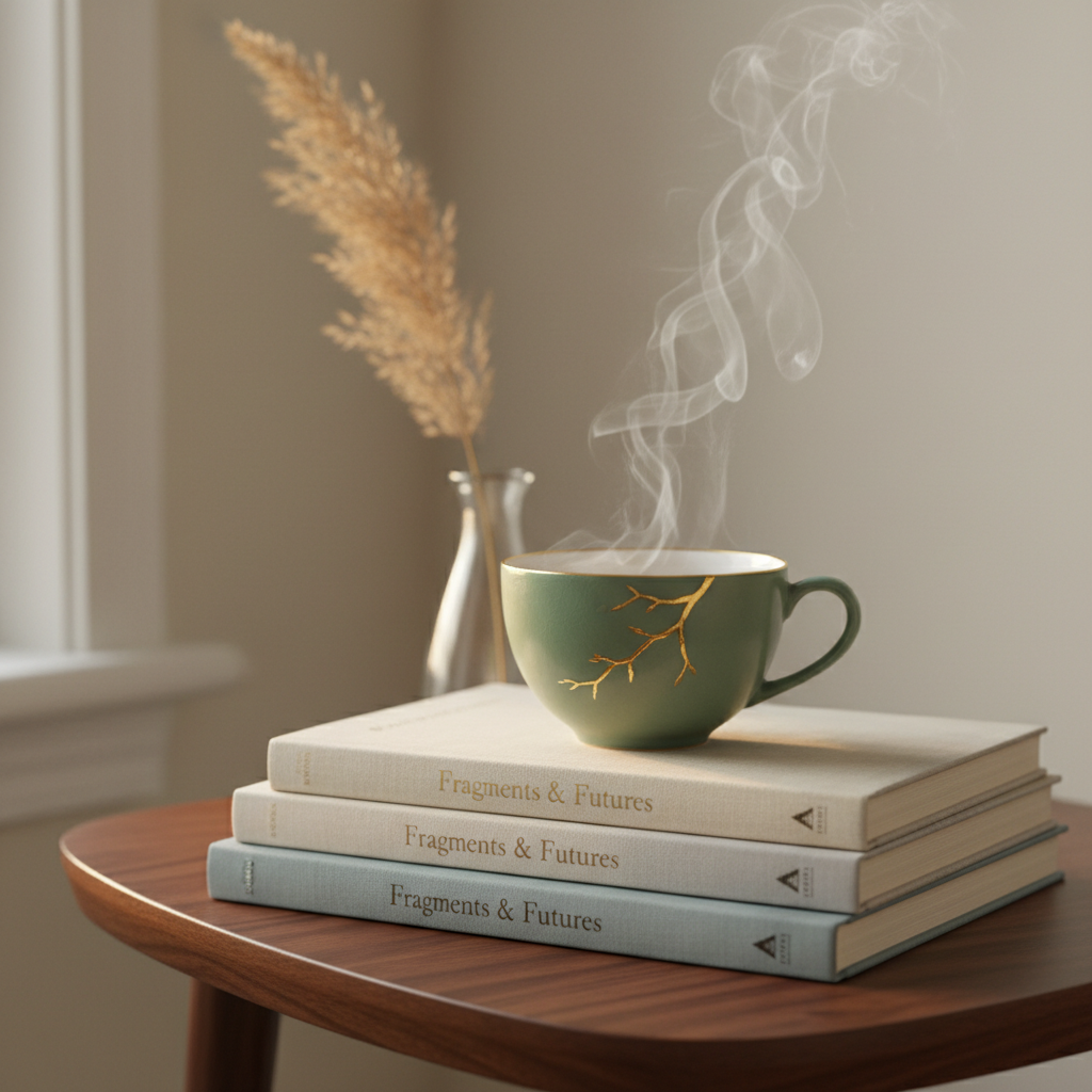 A porcelain teacup in muted celadon green, hairline crack traced in gold kintsugi, rests atop a stack of slim poetry volumes wrapped in soft cloth covers. Wisps of steam curl upward, catching the warm glow of golden hour sunlight streaming through an unseen window, painting the edges of the books and cup with delicate highlights. The stack sits on a dark walnut side table beside a narrow glass vase holding a single reed plume, its feathery texture slightly out of focus in the background. Shot in photographic realism from a three-quarter angle, the composition uses a shallow depth of field so the gold repair line and embossed book titles stand in sharp detail while the rest melts into a velvety blur. The mood is refined and introspective, suggesting a quiet ritual where fragile things are mended and made lyrical.