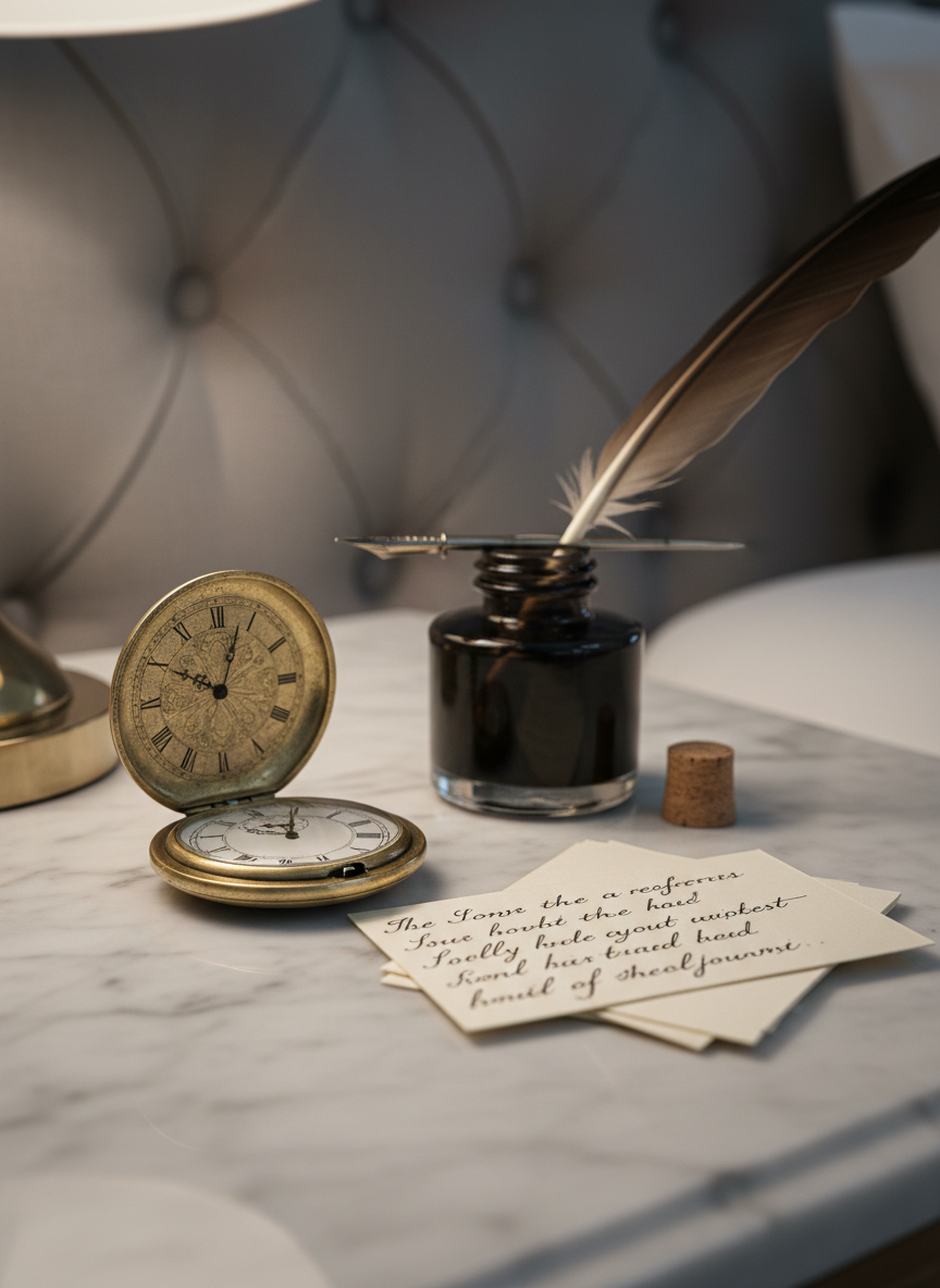 A marble-topped bedside table holds an antique brass pocket watch, its lid open to reveal finely etched numerals and slender hands paused on a meaningful hour, resting beside a small stack of cream-colored cards handwritten with short verses. The brass shows gentle patina, tiny scratches catching cool, diffused evening light from a shaded lamp just outside the frame. A dark glass bottle of ink with its cork set aside stands nearby, a nibbed pen balanced across its mouth as though recently lifted from the last line. Photographic realism, captured from a close, low angle so the watch face and nearest card dominate the frame, with the bed’s tufted headboard blurred behind in soft grays. The atmosphere is sophisticated and hushed, like the precise moment when time slows and private, poetic thoughts are preserved as intimate keepsakes.