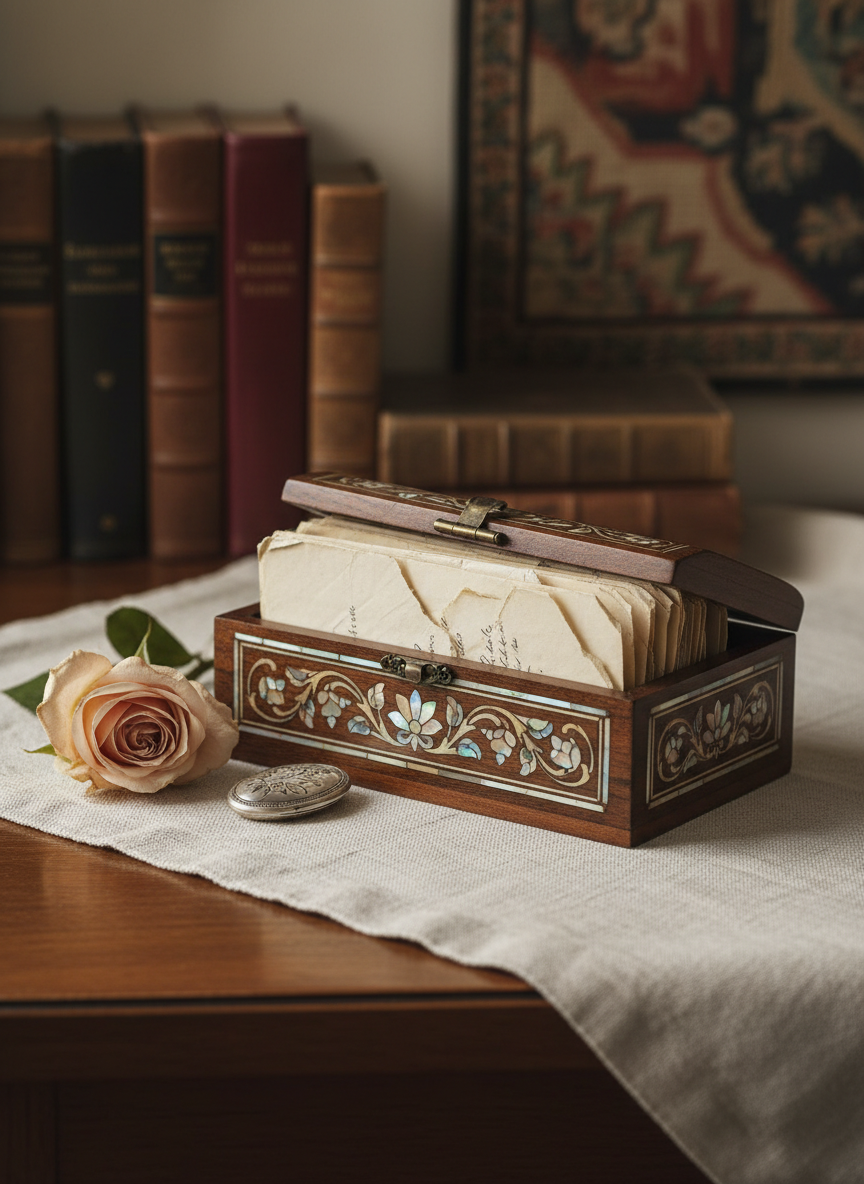 A small wooden keepsake box with intricate inlaid mother-of-pearl sits slightly ajar on a linen-draped table, revealing folded, time-softened letters and a delicate silver locket nestled inside. The wood’s dark, polished grain reflects a faint sheen under soft morning window light, while the mother-of-pearl shimmers subtly with iridescent hints of blue and rose. Nearby, a single pale rose, just beginning to dry, leans against the box, its curling petals echoing the theme of cherished time. The scene is photographed in realistic detail from a slightly elevated angle, using rule-of-thirds composition, with the focus on the box’s opening edge and the topmost letter’s torn corner. The background falls into a gentle bokeh of vintage books and a muted tapestry, creating a sophisticated, nostalgic atmosphere where objects seem ready to whisper their stories into poems.