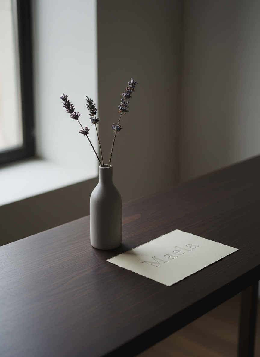 A slender, pale stoneware vase in dove gray stands alone on a long, dark wood console, holding three desiccated lavender stems whose tiny blossoms cling in muted violet clusters. Next to it lies a single card of thick, deckle-edged paper, embossed with an understated title: “Maela.” The letters are blind-debossed, visible through shadow rather than ink. Soft side lighting from a high, narrow window grazes the paper’s rough fibers and the wood’s subtle grain, casting elongated, whisper-light shadows. Photographic realism, framed with minimalist negative space and shot from a slightly elevated angle, keeps the card and vase in crisp focus while the console fades into a gentle vignette. The atmosphere is sophisticated, minimal, and contemplative, evoking a refined poetry blog identity where silence, texture, and the quiet weight of names carry the emotional resonance of keepsakes.