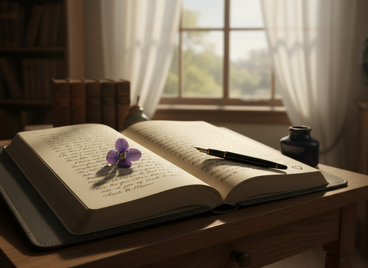 A leather-bound poetry journal in deep charcoal gray lies open on a narrow oak writing desk, its creamy pages filled with elegant, handwritten lines that trail off mid-sentence, as if listening. A single pressed violet is tucked between pages, its translucent petals catching the light like a keepsake in conversation. Soft late-afternoon sunlight filters through a tall window with gauzy curtains, casting elongated, poetic shadows across the paper’s subtle texture. A black fountain pen rests diagonally near the margin, a tiny ink blot like a heartbeat. Photographic realism, shot at eye level with a shallow depth of field, keeps the words and flower in crisp focus while the background of blurred book spines and a ceramic inkwell recedes. The atmosphere is sophisticated, intimate, and contemplative, evoking a quiet space where memories and verses meet.